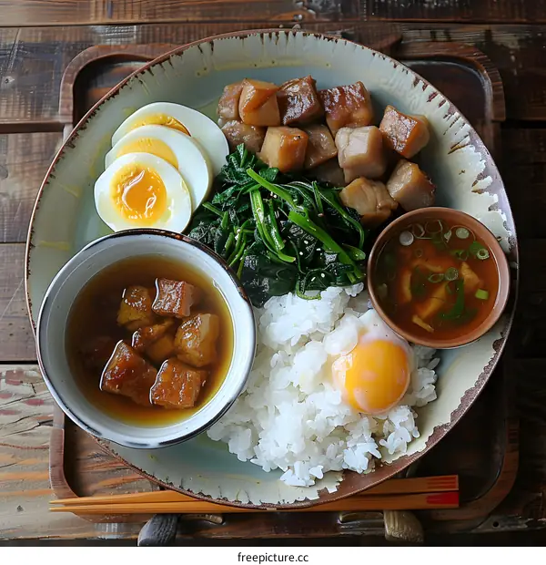 Japanese dish with pork, egg and spinach