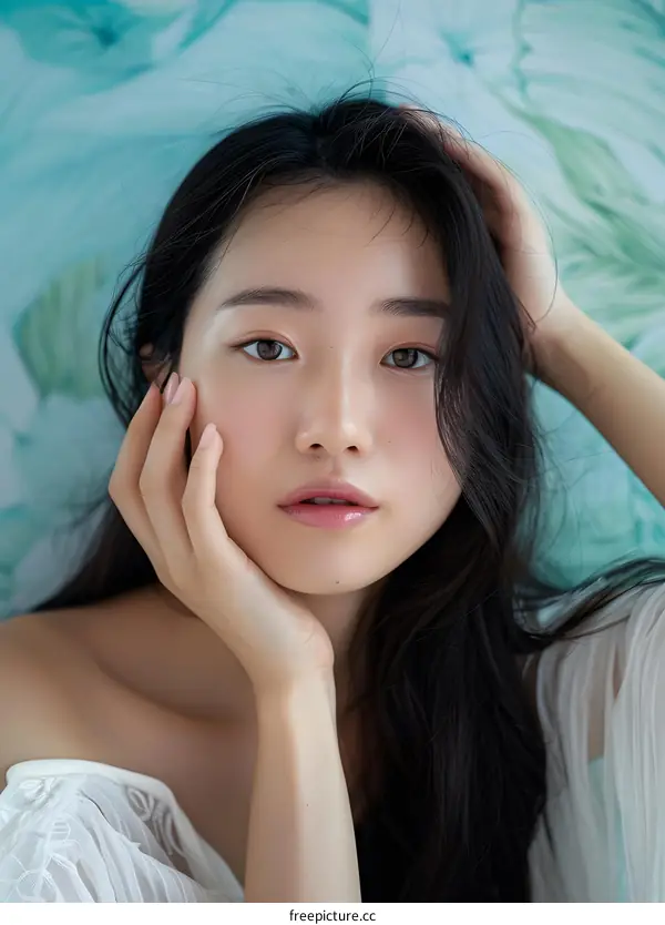 Beautiful Asian Woman with Long Black Hair Looking at the Camera