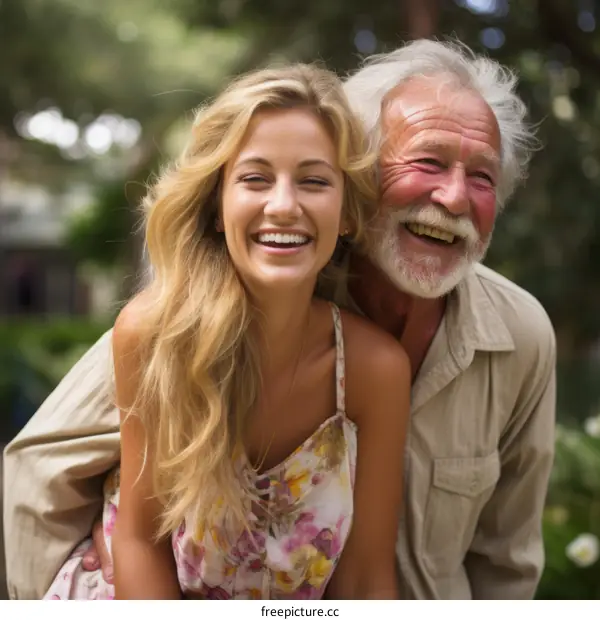Happy old man and young woman laughing together