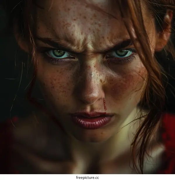 Portrait of a young woman with red hair and green eyes, looking at the camera with an angry expression.