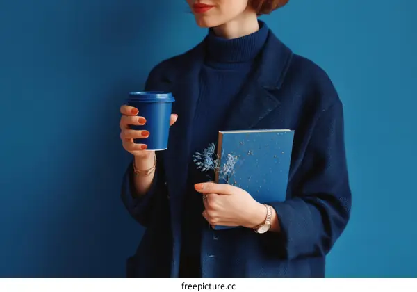 Woman Holding Coffee Cup and Notebook on a Blue Background