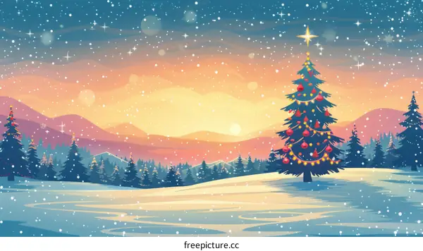 A snowy Christmas landscape with a decorated Christmas tree in the center