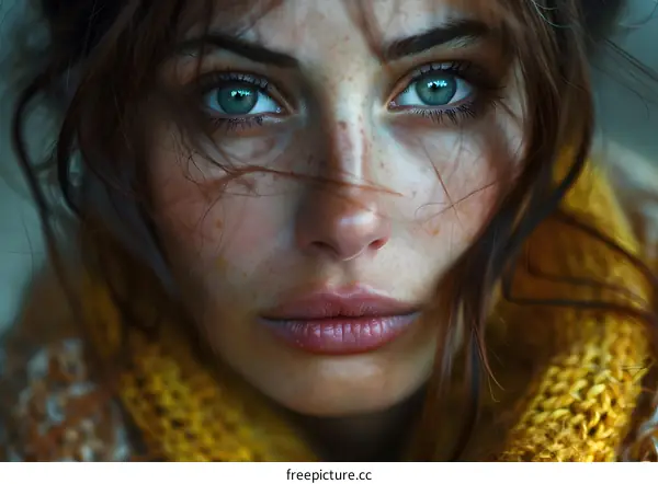 Portrait of a young woman with green eyes and freckles