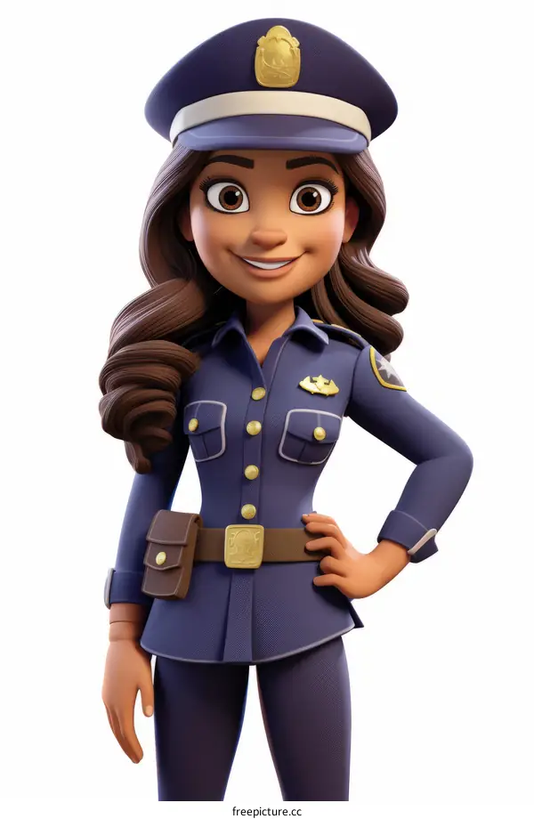 A Hispanic policewoman with long brown hair and brown eyes is standing with her hand on her hip.