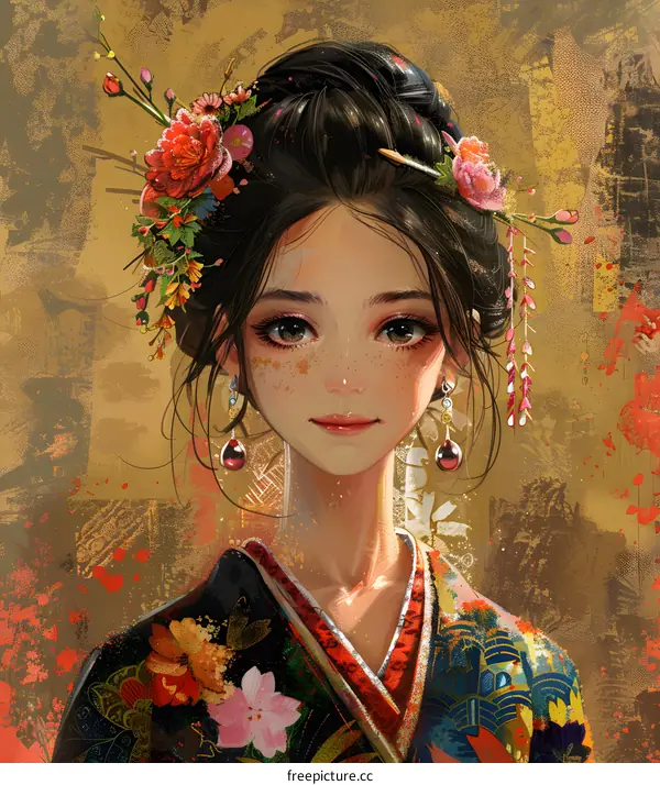 An illustration of a Japanese woman wearing a kimono with flowers in her hair