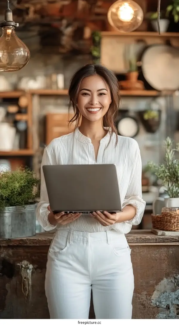 Asian Woman Working on Laptop in Cafe