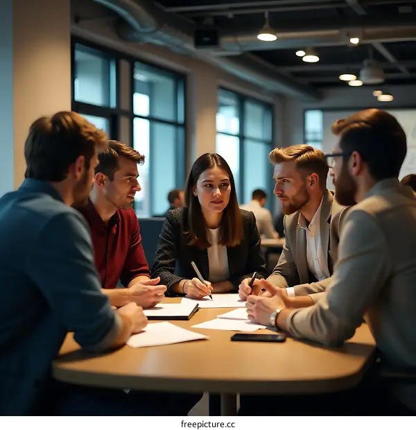 Business Meeting In Modern Office Space With Four People Discussing