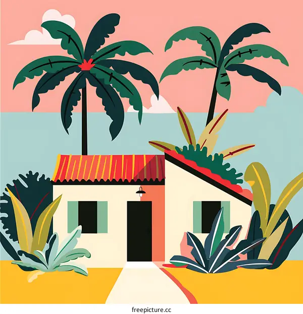Tropical House Illustration with Palm Trees