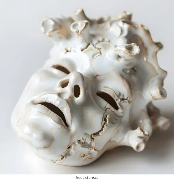 A ceramic sculpture of a human face with a rough surface and coral-like protrusions.