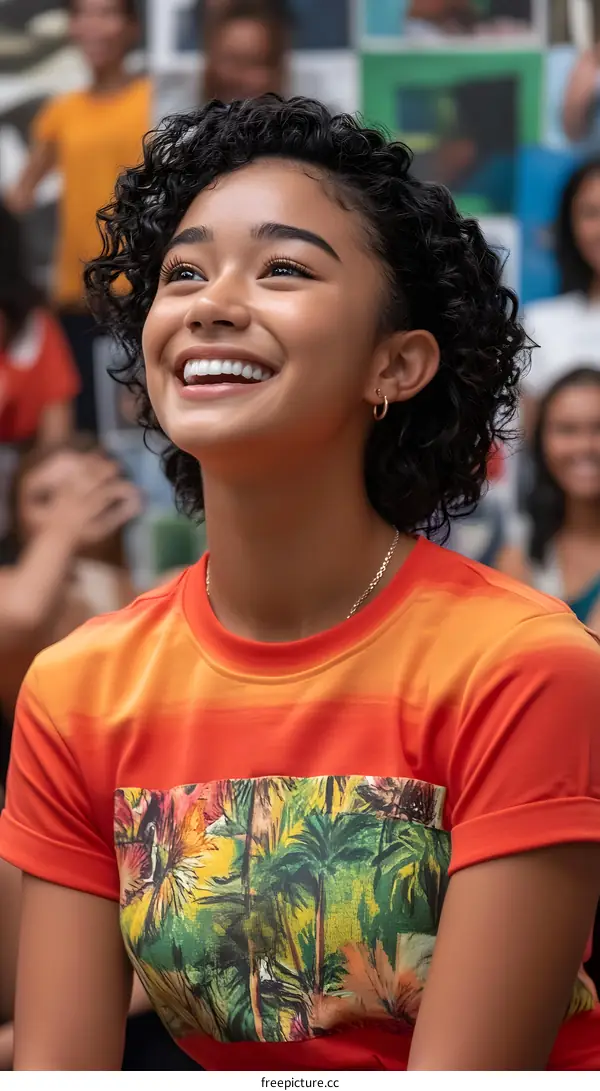 Young Black Woman Smiling Wearing Tropical Print Shirt