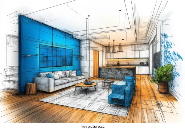Interior Design Sketch of a Modern Living Room