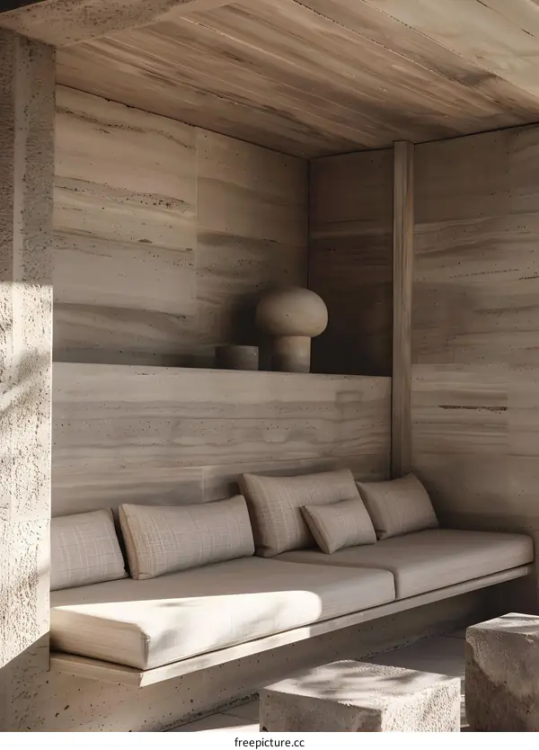 Modern Minimalist Outdoor Living Space with Stone Walls and a Long Bench