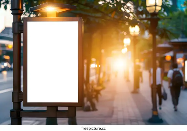 Blank White Signboard on a Street Lamp in City
