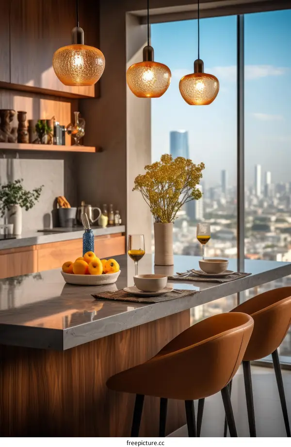 Modern kitchen interior with large windows and city view