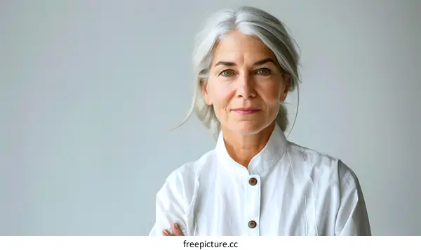 Portrait of an Elderly Woman with Grey Hair and White Shirt