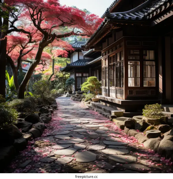 Japanese garden with a stone path, traditional wooden houses and cherry blossom trees