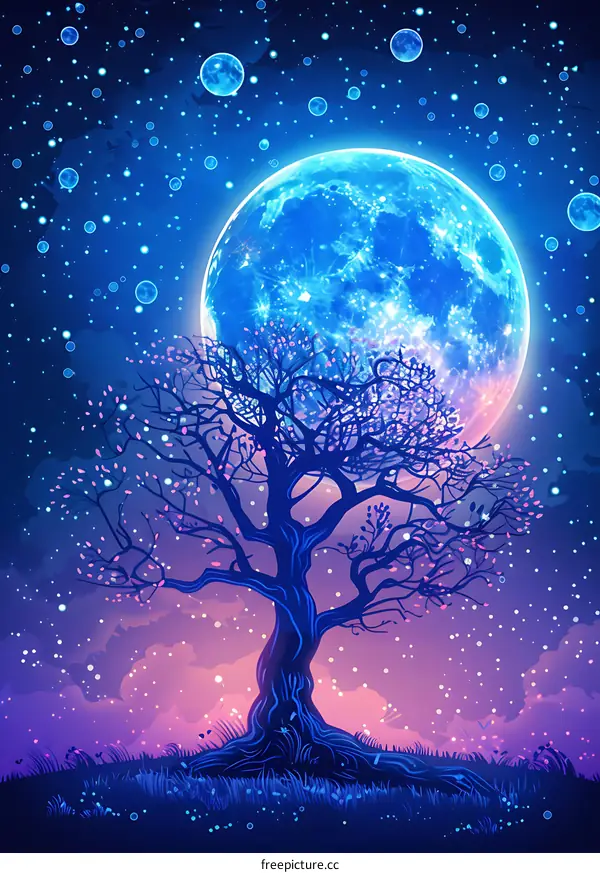 Blue Moon And A Tree With The Stars In The Night Sky