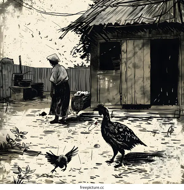 Black and White Illustration of a Woman and a Bird in a Rural Setting