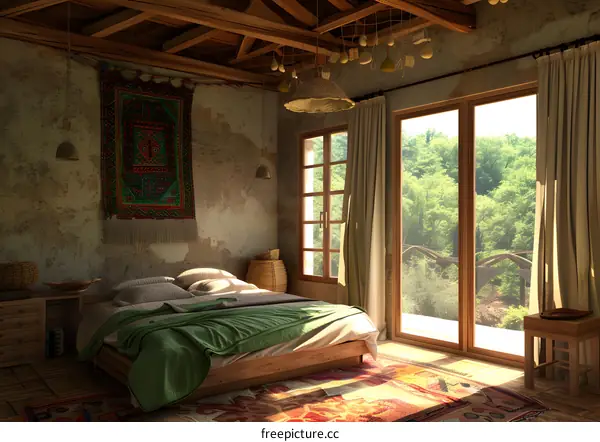 Rustic Bedroom Interior Design With Wooden Beams And Window View