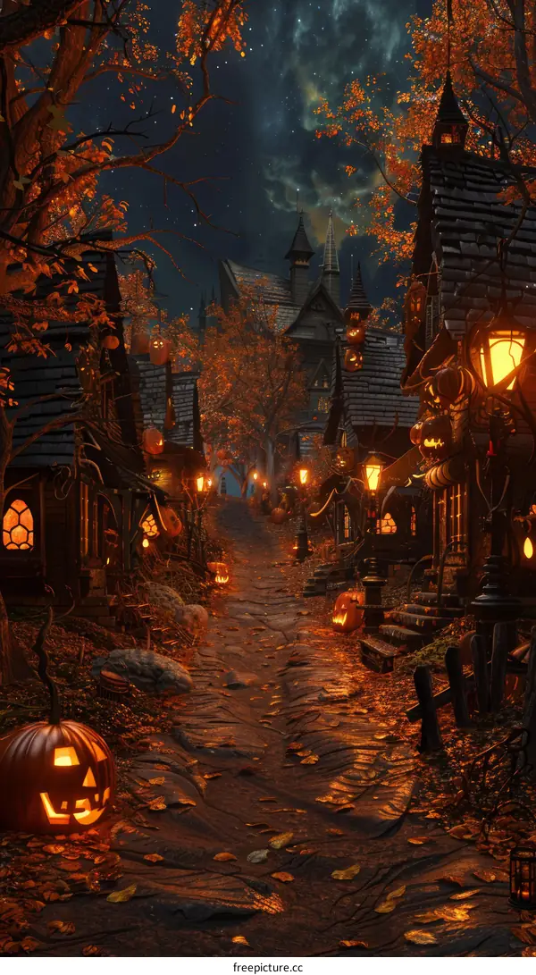 Halloween Pumpkins in Mysterious Town at Night