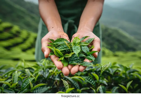 A farmer is harvesting tea leaves in a tea plantation