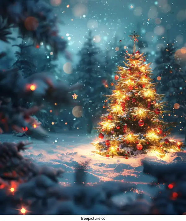 A Majestic Christmas Tree in a Wintery Forest