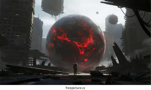 Giant glowing red sphere standing amid destroyed city ruins