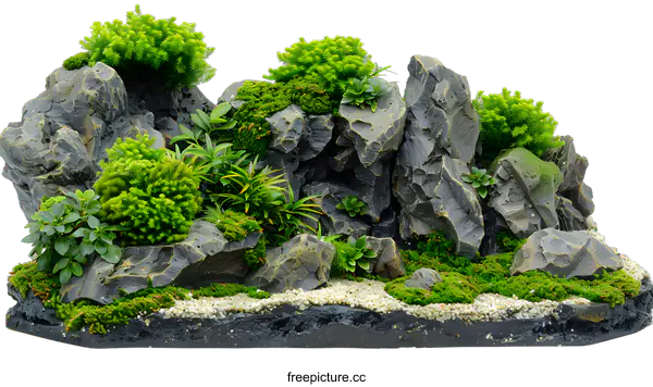 [Transparent Background PNG]Artificial Rock Mountain Landscape with Green Plants