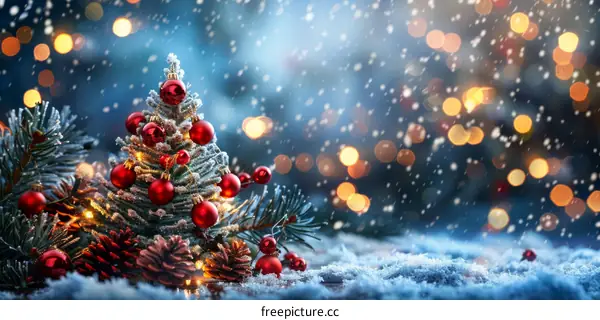 Christmas Tree with Red Ornaments in the Snow