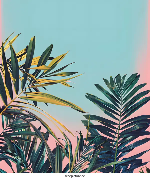 Tropical Palm Leaves Against Blue and Pink Gradient Background