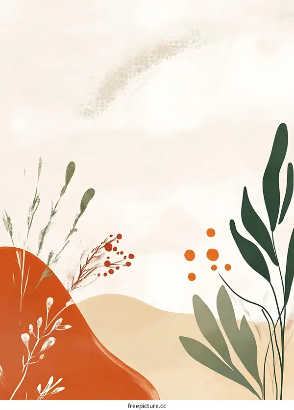 Abstract Watercolor Illustration with Floral Elements and Beige Background