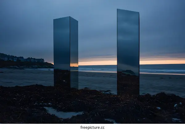 Two Tall Reflective Structures on a Beach at Sunset