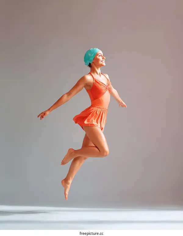 Young female dancer jumping in mid-air with colorful costume