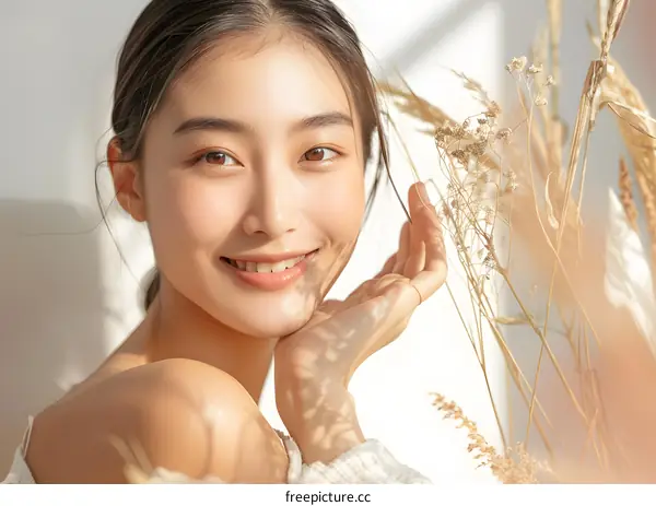 Beautiful Asian Woman with Natural Light and Dry Flowers