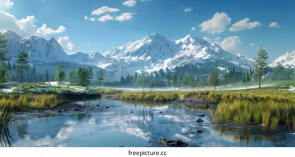 Majestic Landscape with Snow-capped Mountains, River, and Trees