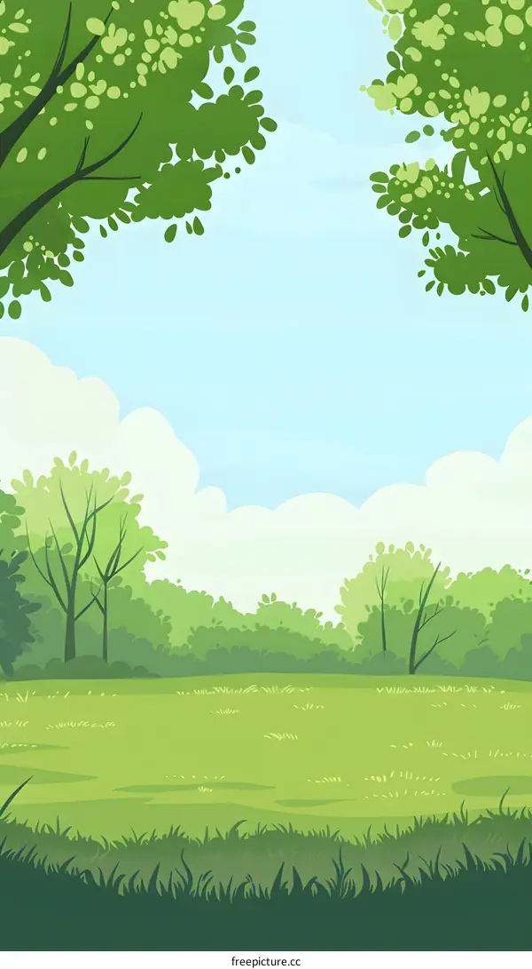 Green Meadow Landscape With Blue Sky and White Clouds Illustration