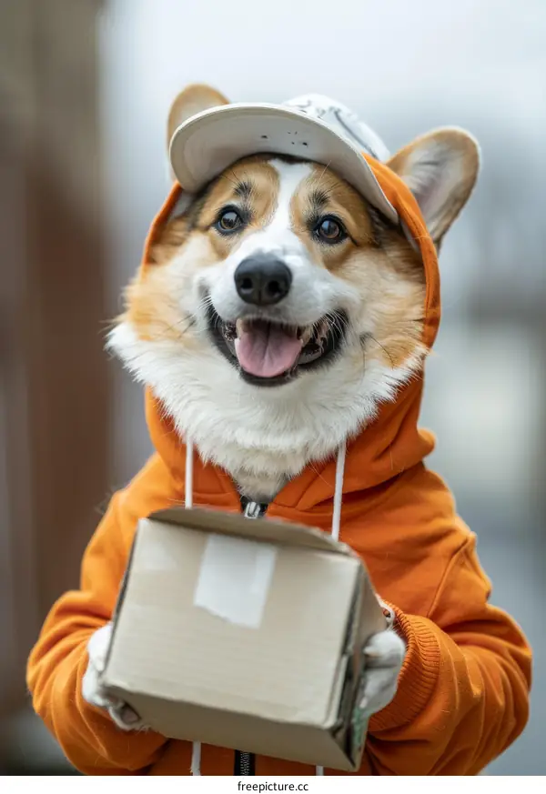 Dog in Hoodie with Cap Holding Package