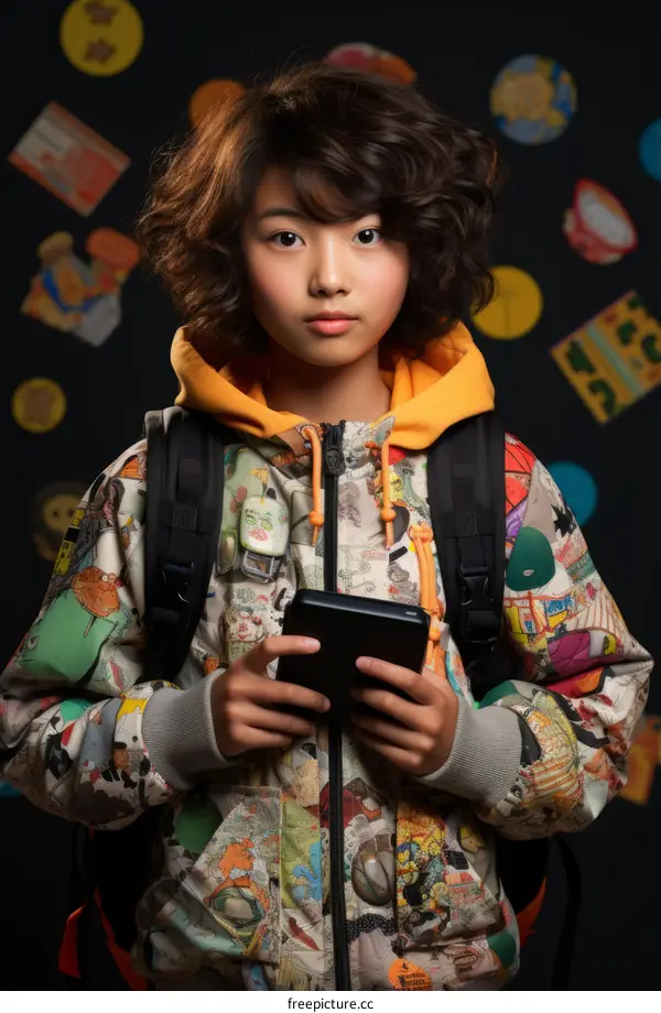 A young Asian girl with short brown hair is holding a tablet.