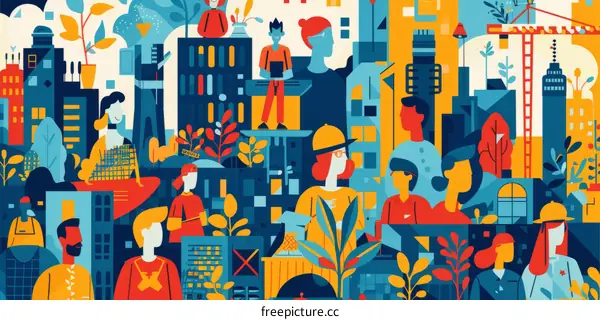 Illustration of diverse people working together in an urban setting