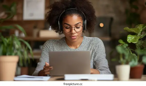 Young Woman Working on Laptop in Cafe