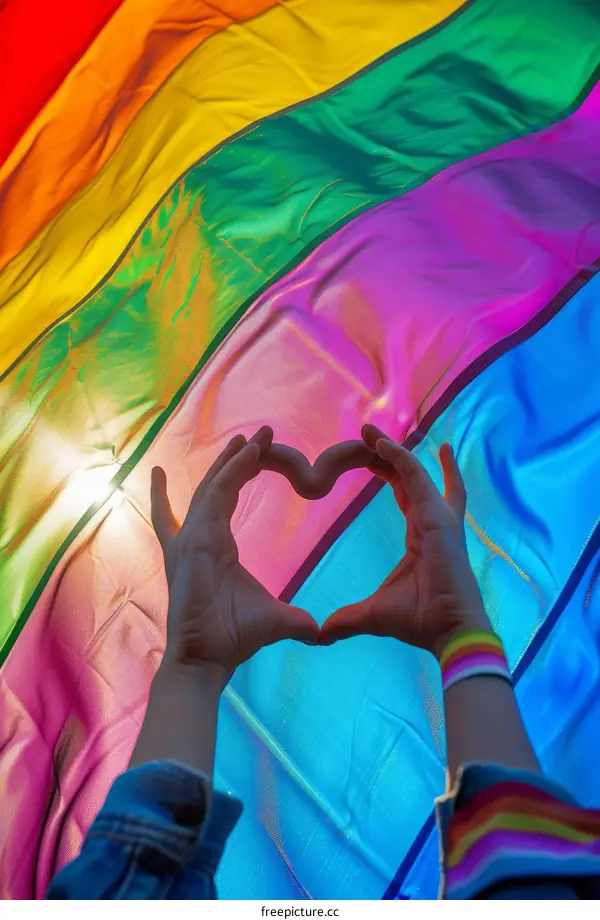 A person of unknown ethnicity is making a heart shape with their hands in front of a rainbow flag.