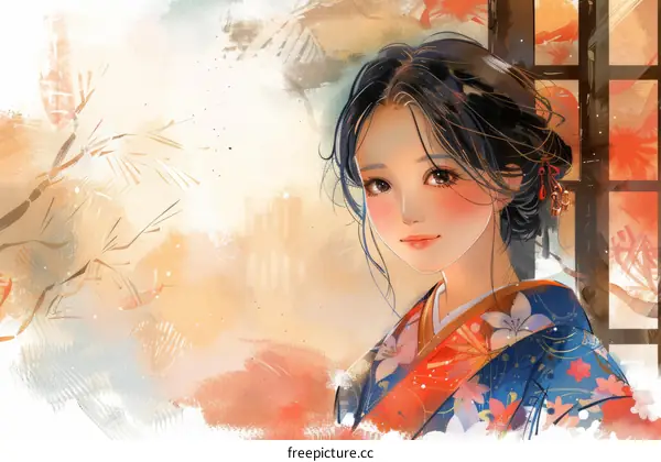 A beautiful Japanese woman in a kimono with a red and white background