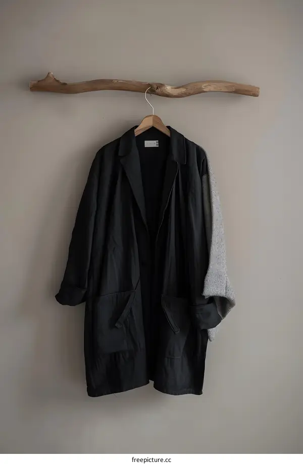 Black  Long Sleeve  Coat Hanging On Branch
