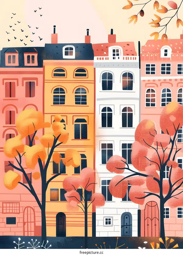 Autumn Illustration Of European Cityscape With Row Of Colorful Buildings And Trees