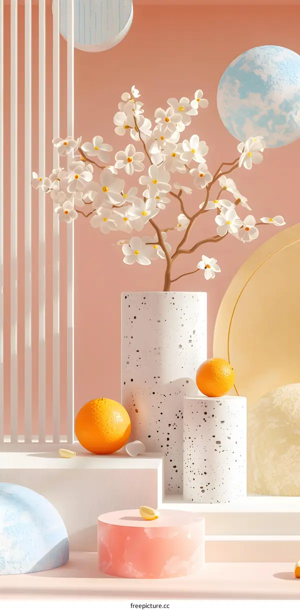 Minimalist Still Life with White Flowers and Oranges