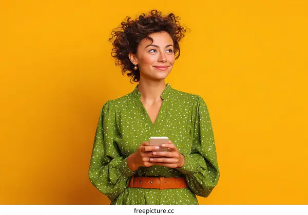 Young Woman with Smartphone in Green Dress Against Yellow Background