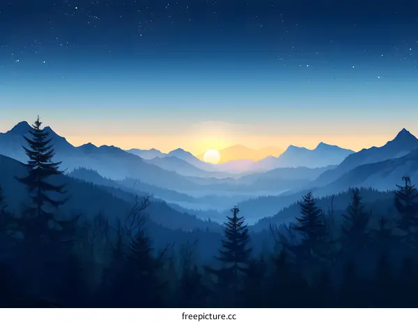 Sunrise Over Blue Mountains Landscape Illustration
