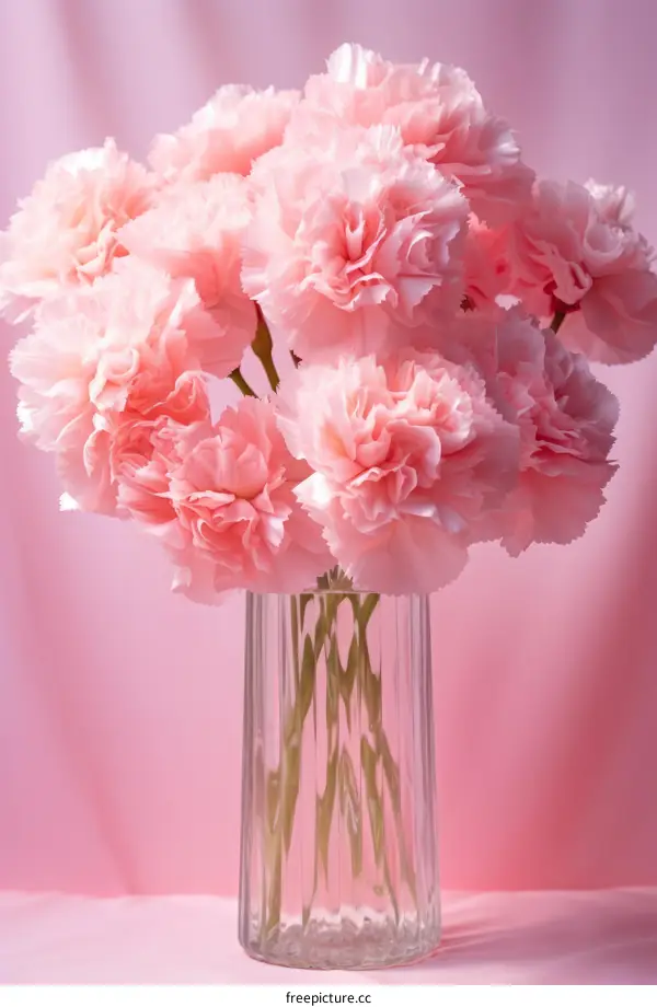 Pink Carnations Bouquet in Glass Vase on Pink Background
