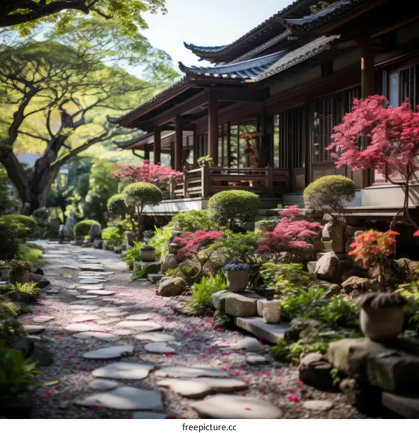 Tranquil Japanese Garden with Traditional House