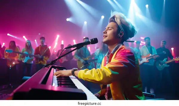 Pop Singer with his Band Performing Live on Stage During a Concert